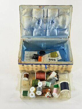 Vintage Woven Sewing Basket With Blue Satin Interior & Assorted Threads